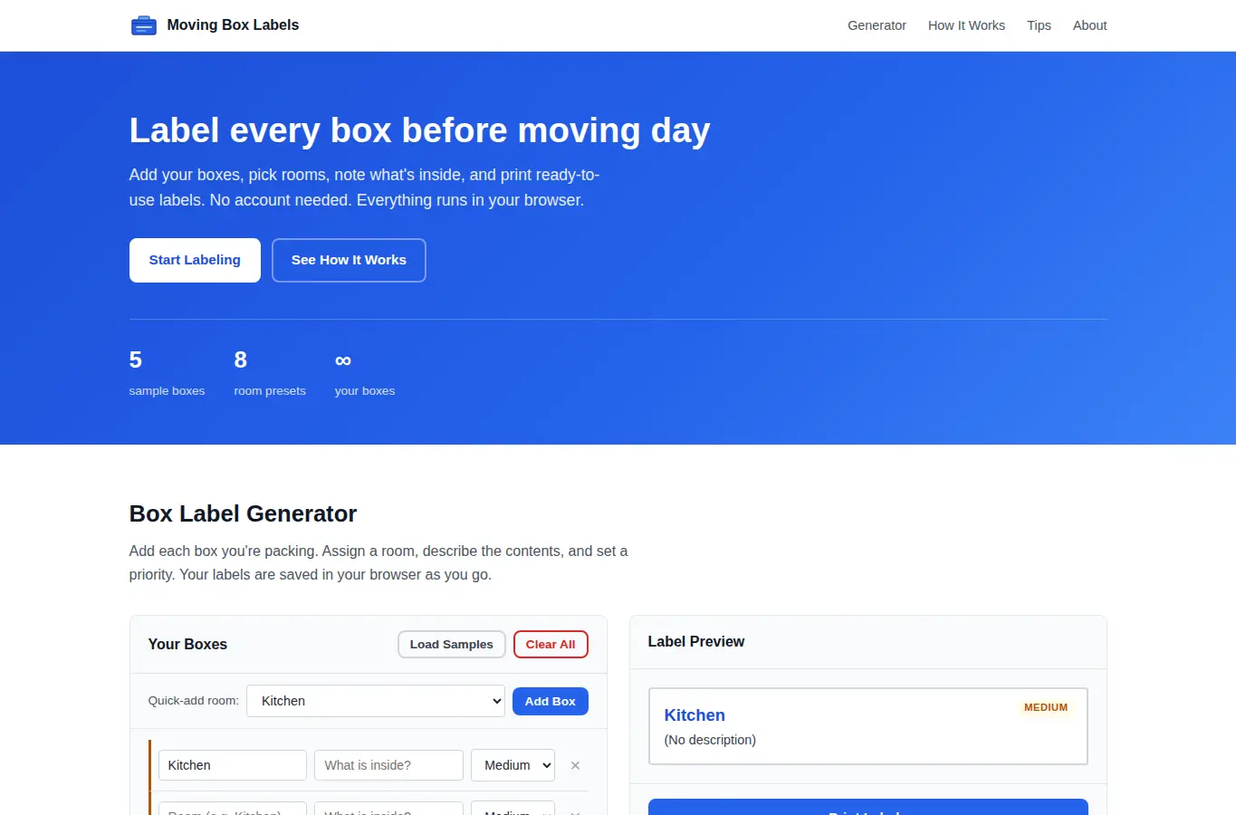 Screenshot of Moving Box Label Generator interface showing the project page in use
